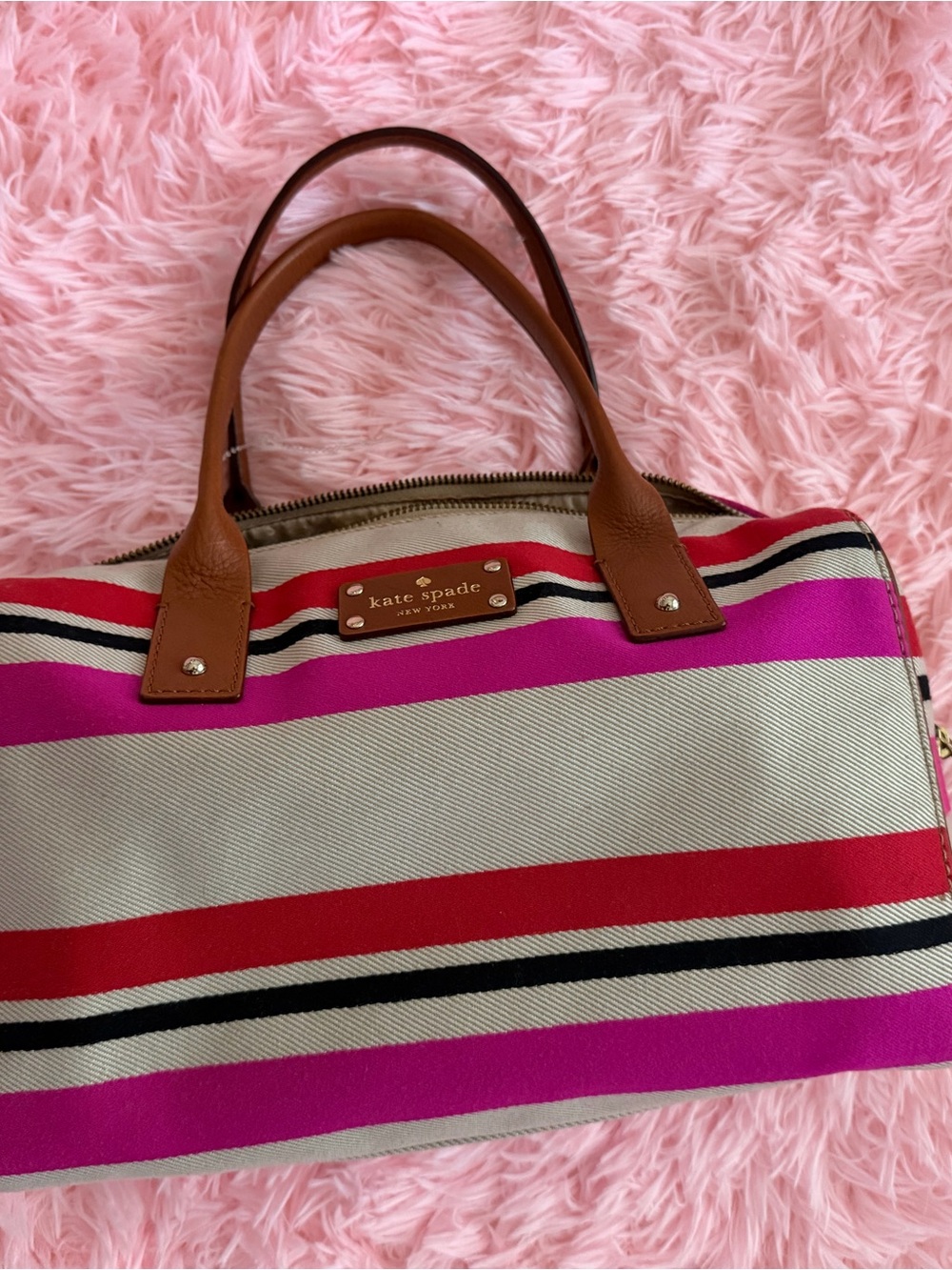 kate spade Striped Canvas Travel Satchel in Pink, Red, Black & Tan